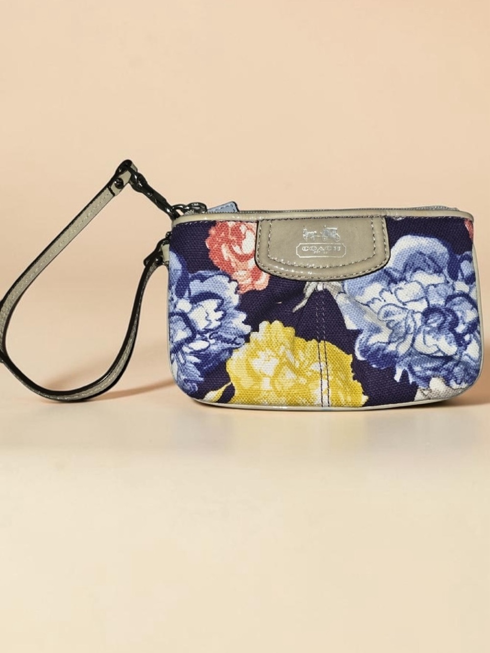 Coach Navy Floral Canvas Wristlet with Yellow & Blue Blooms EUC